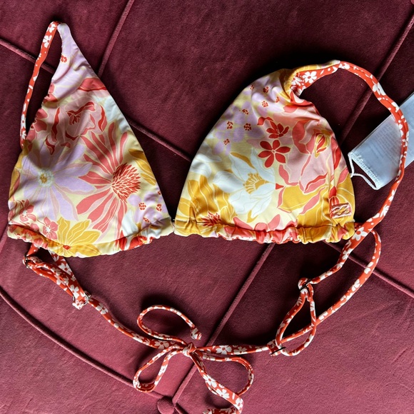 Billabong Reversible Floral Triangle Bikini Top Orange Daisy Retro Print Size S - Picture 2 of 6
